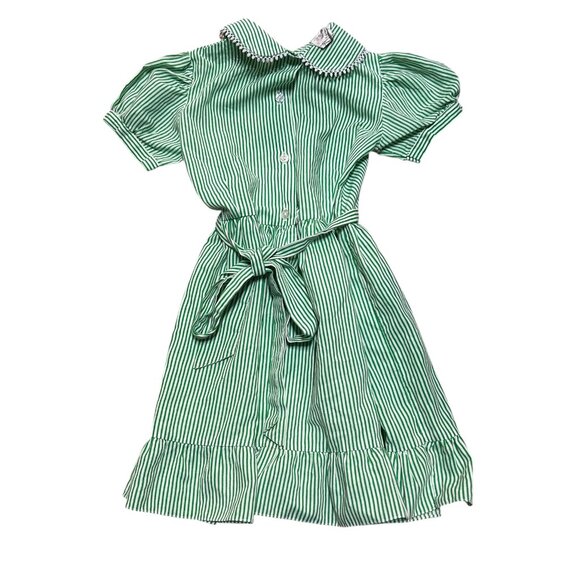 Vintage Green White Striped Dress • Peter Pan Collar Belted Puff Sleeve • Sz 5/6 - Picture 2 of 6